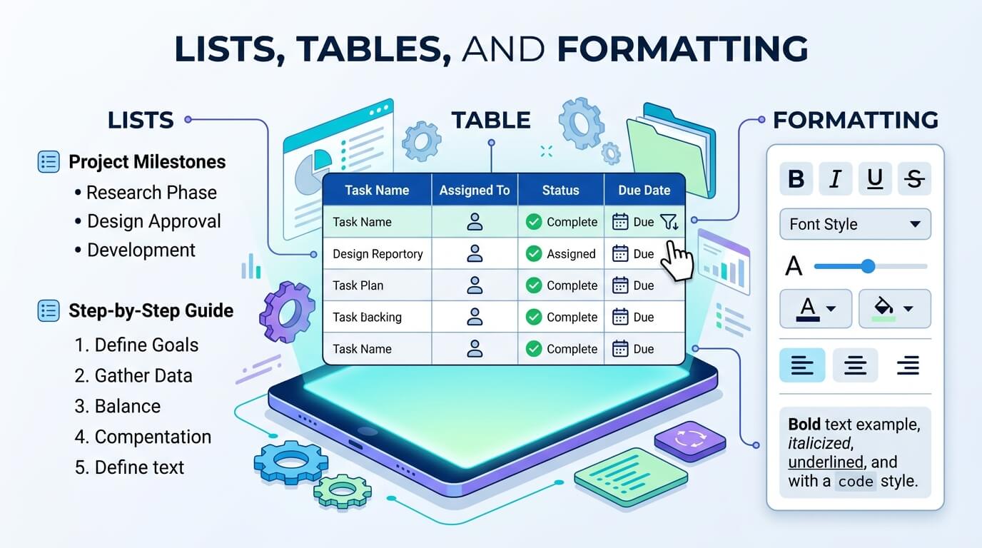 Lists, Tables and Formatting